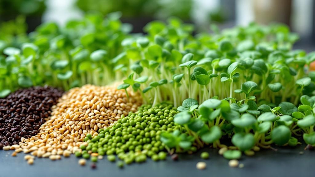 Variedad de semillas para microgreens en cuencos de madera sobre mesa rústica de cocina