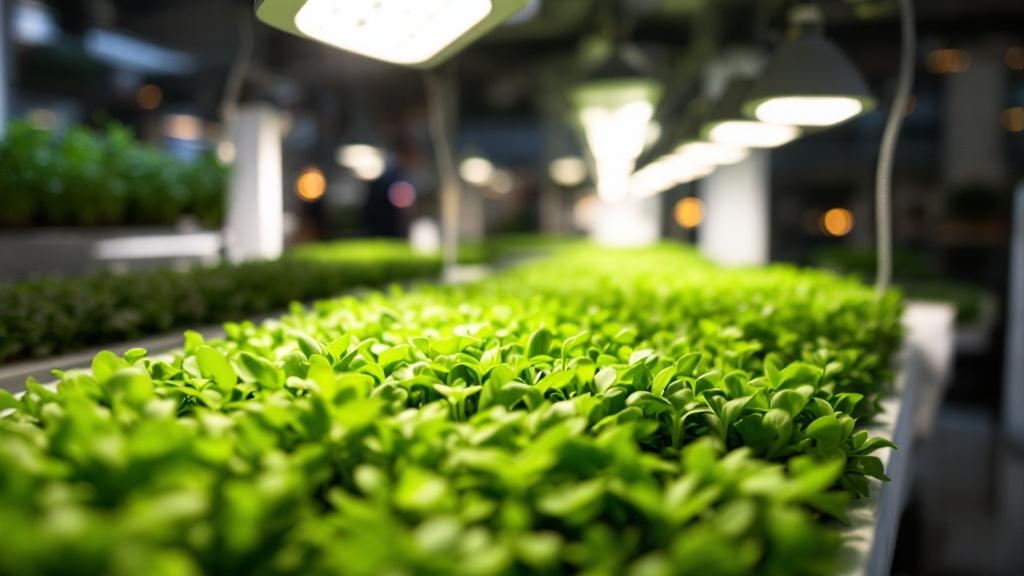 Estanterías con bandejas de microgreens en un negocio rentable de cultivo interior organizado