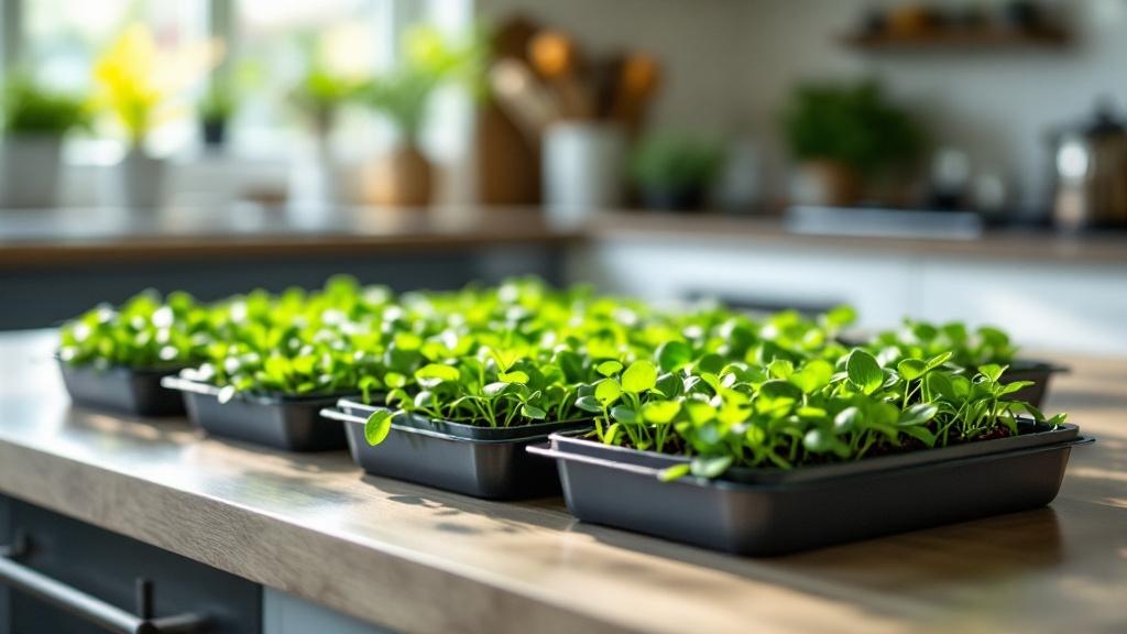 Semillas comenzando a germinar en bandeja con sustrato húmedo bajo luz natural cálida