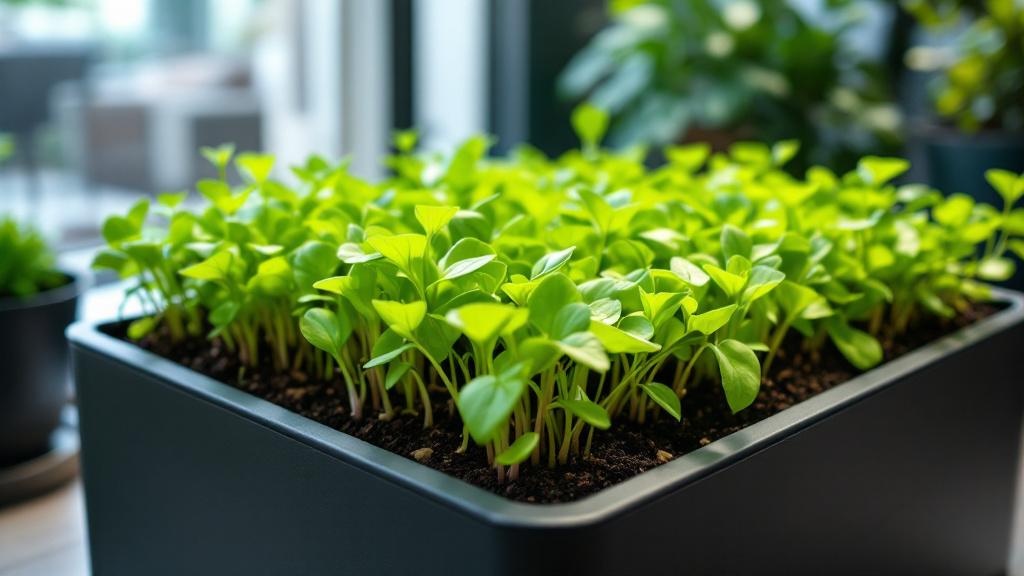 Microgreens sin tierra creciendo sobre manta de fibra de coco en bandeja de cultivo limpia