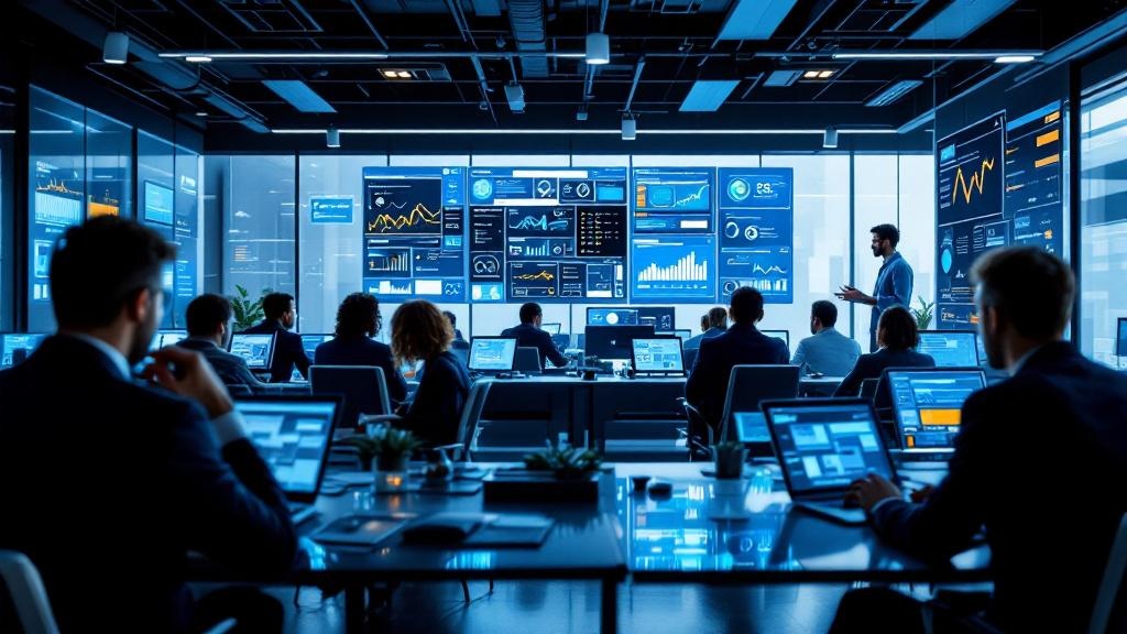 Vendedor revisando embudo de ventas automatizado en pantalla de computador en oficina