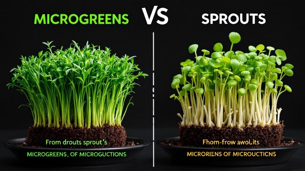 Comparación de microgreens verdes en bandeja junto a brotes germinados en frasco de vidrio