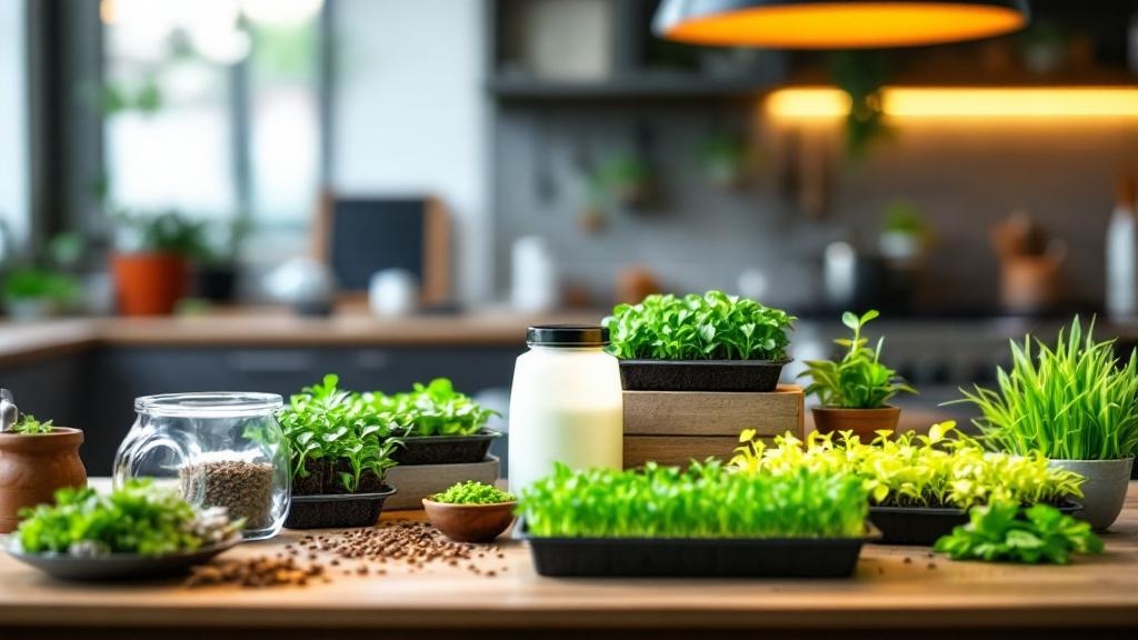 Kit de microgreens para principiantes con bandejas semillas y sustrato sobre encimera de cocina