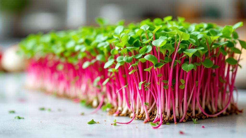Microgreens de rábano con tallos rosados y hojas verdes vibrantes creciendo en bandeja