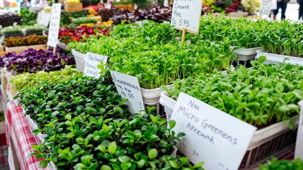 Puesto de mercado local con bandejas frescas de microgreens para vender al público