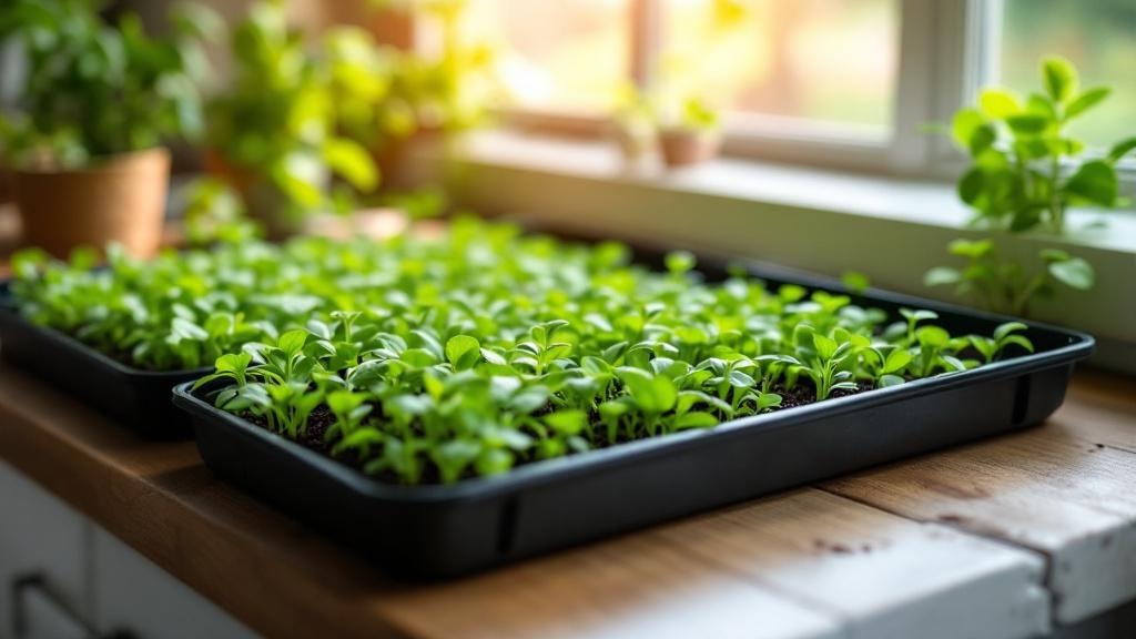Bandejas con microgreens verdes recién brotados sobre mesa de cocina junto a ventana soleada
