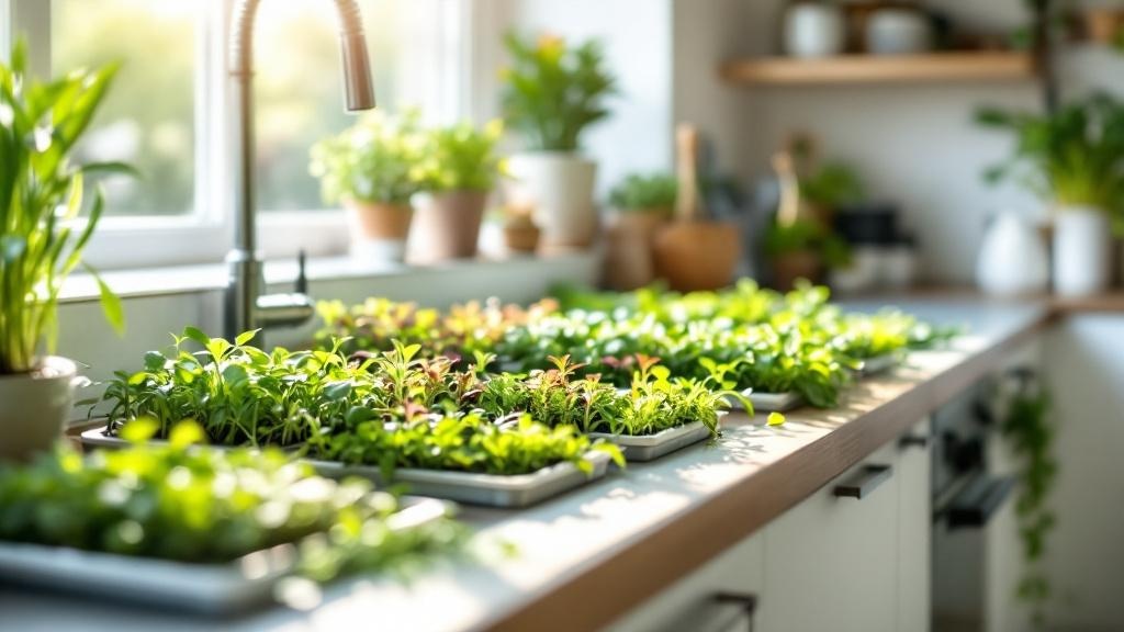 Persona regando brotes verdes en bandeja para cultivar brotes en casa desde su cocina