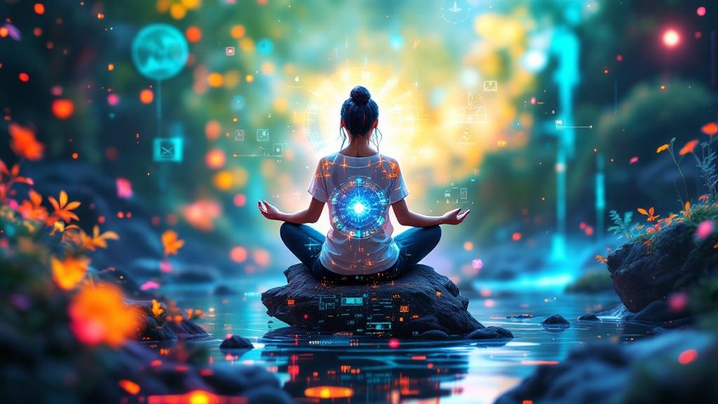 Persona meditando en un parque con el celular apagado practicando bienestar digital