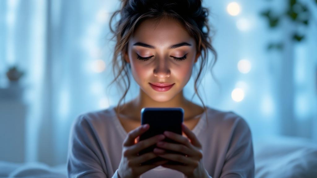 Mujer respirando con los ojos cerrados practicando mindfulness digital junto a su portátil