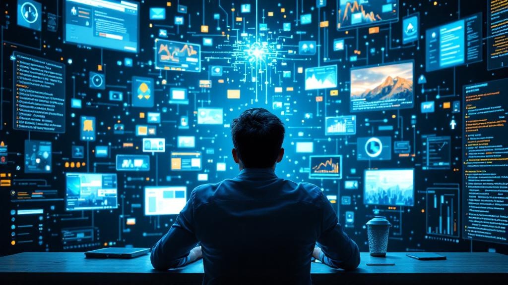 Trabajador agotado frotándose los ojos frente al ordenador con fatiga digital síntomas visibles