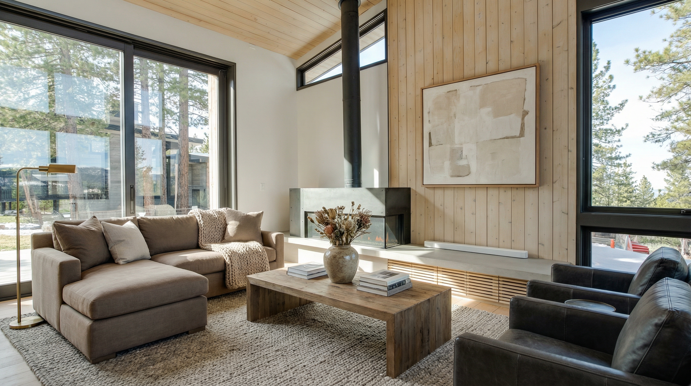 This is a modern living room featuring a sleek fireplace with a black chimney, a large flat-screen TV mounted on a wooden-paneled wall, and a comfortable gray sofa. The room is well-lit with natural light streaming through large windows, and the overall design is minimalist and stylish. The perspective is from a medium shot, showcasing the room's layout and key features.