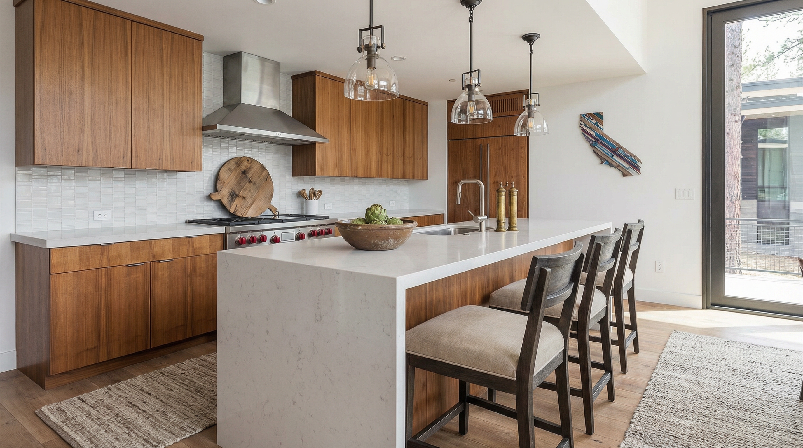 This is a well-lit, modern kitchen featuring wooden cabinetry and a long island with a white countertop. Stainless steel appliances are integrated throughout, and pendant lights hang above the island. The kitchen has a clean and contemporary design with a view to the outside.