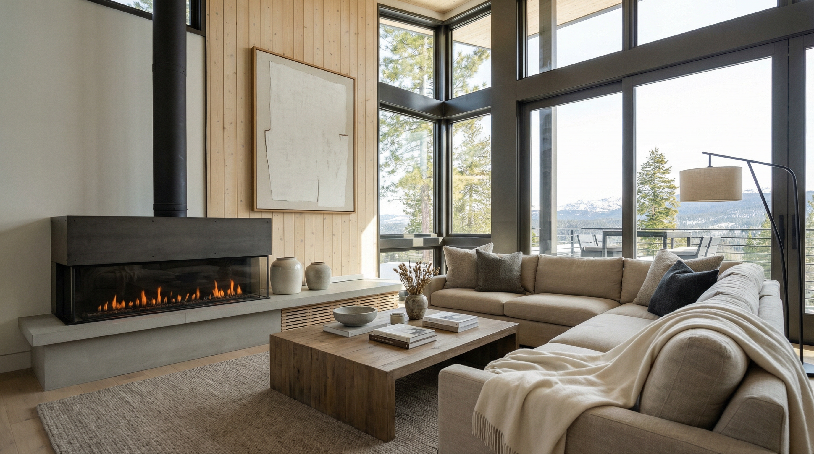 This is a luxurious living room featuring a modern fireplace, a large flat-screen TV mounted on a wooden accent wall, and floor-to-ceiling windows offering stunning mountain views. The room is furnished with a comfortable sectional sofa and a leather ottoman, creating a cozy yet sophisticated atmosphere. The open layout and natural light enhance the sense of spaciousness and elegance.