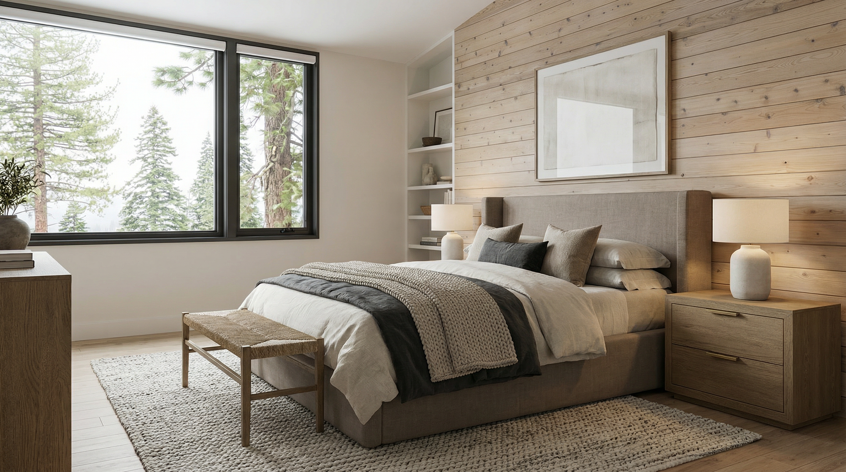 This is a primary bedroom featuring a modern design with a wood-paneled accent wall and a large window offering a view of the trees outside. The room includes a bed with a leather frame, a nightstand with a lamp, and a dresser. The overall impression is one of warmth and sophistication.