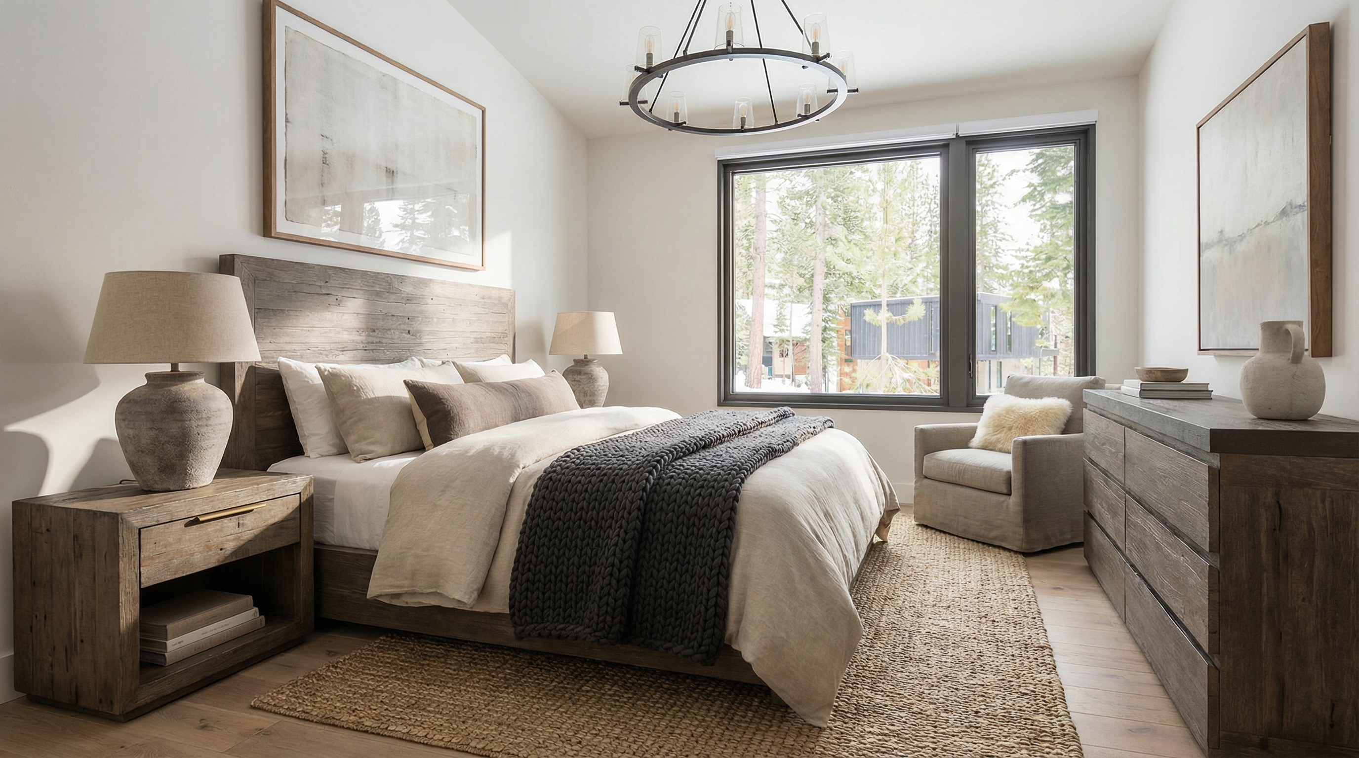 This is a well-lit primary bedroom featuring a king-size bed with a wooden headboard and a gray striped throw blanket. A modern chandelier hangs from the ceiling, and a large window offers a view of snow-covered trees. A dark wood dresser with a flat-screen TV mounted above it adds to the room's contemporary style.