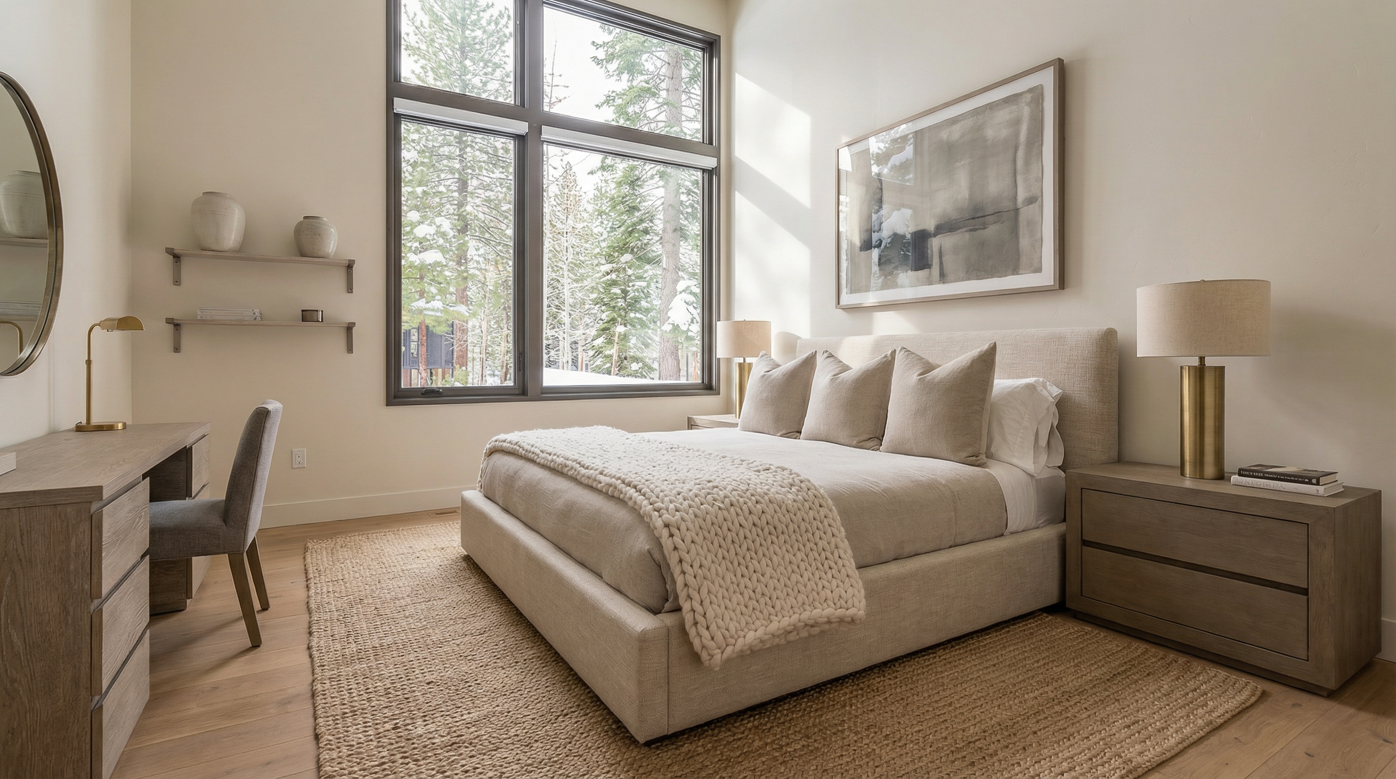 This bedroom features a modern aesthetic with a large window offering a view of snow-covered trees. The room includes a desk with a computer, a comfortable bed with a knitted throw, and minimalist shelving. The color palette is neutral, creating a serene and inviting atmosphere.