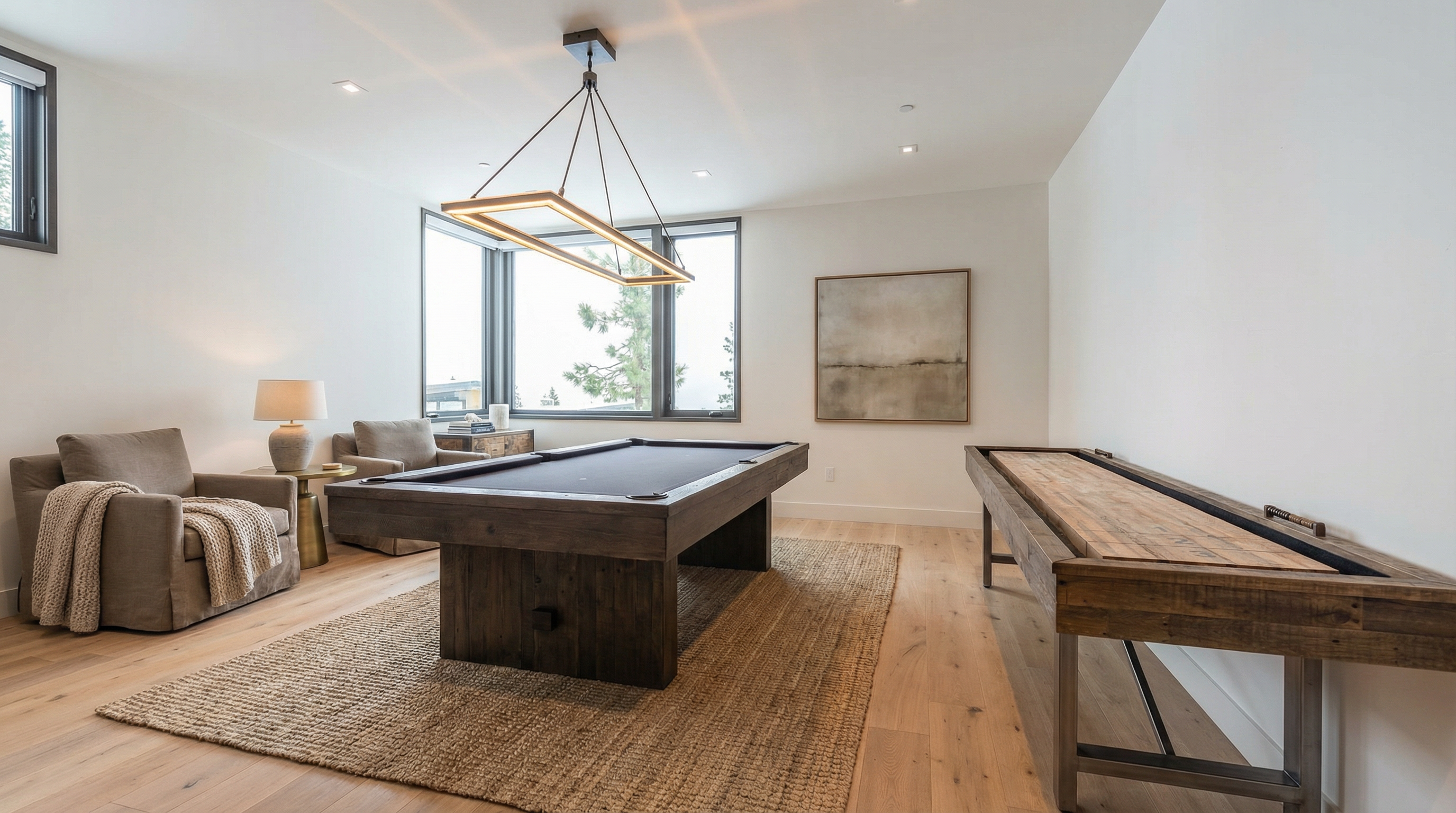 This interior shot showcases a recreational room featuring a pool table with cues and balls, a shuffleboard table with pucks, and a dartboard on the wall. A modern rectangular chandelier hangs above the pool table, and a television is mounted on the wall. The room has light hardwood flooring and neutral-colored walls, creating a relaxed and inviting atmosphere for entertainment and leisure.