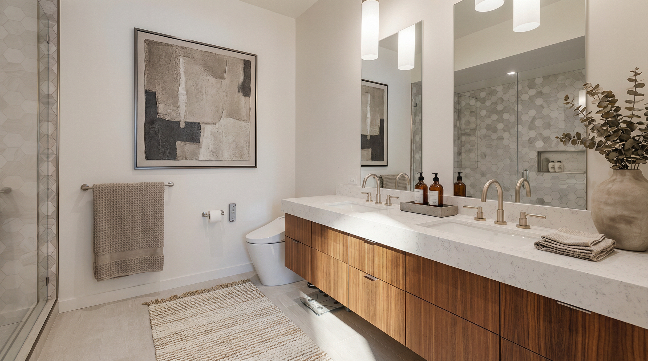 This is a well-lit primary bathroom featuring a double vanity with a white countertop and wood-grain cabinets. Above the vanity are two large mirrors with pendant lights hanging in front of them. The bathroom also includes a toilet, towel rack with towels, and a glass-enclosed shower with patterned tiles, creating a modern and luxurious feel.