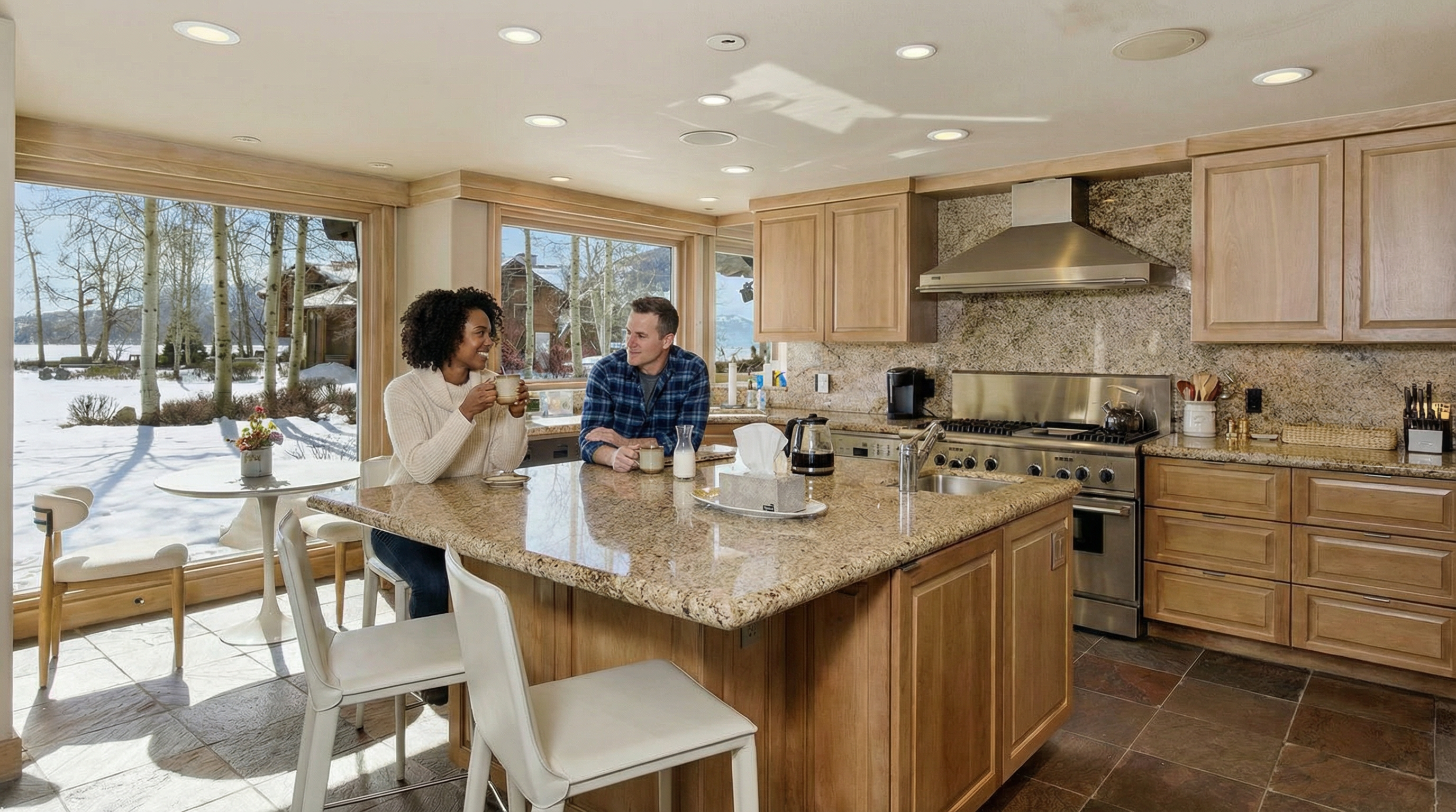 This is a well-lit kitchen featuring light wood cabinetry, granite countertops, and stainless steel appliances. A large island with bar seating anchors the space, while large windows offer a view of a snowy landscape. The kitchen has a warm and inviting feel, perfect for both cooking and entertaining.
