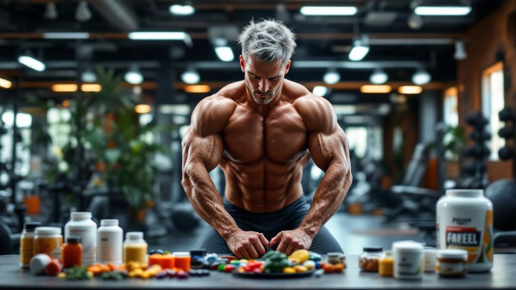 Botes de suplementos deportivos junto a mancuernas en un gimnasio para mayores de 40 años