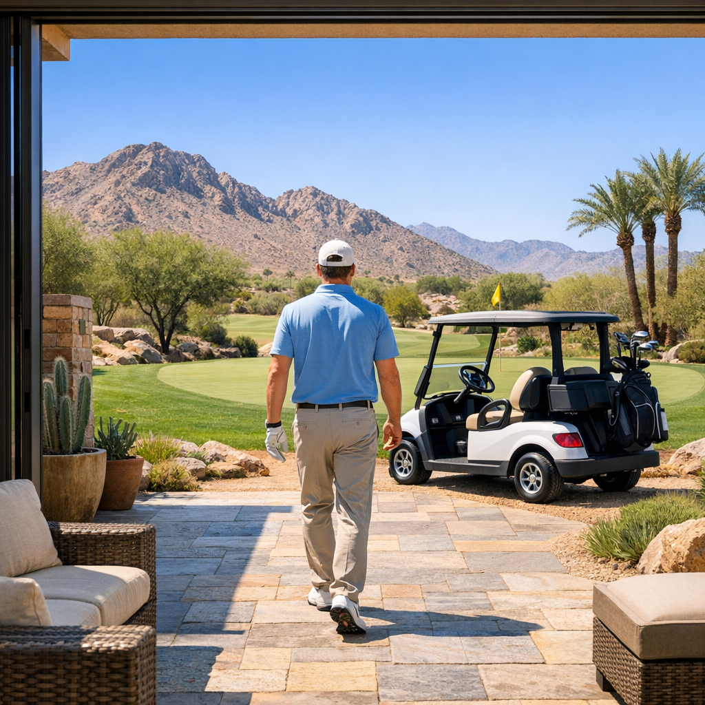 Mid-content photorealistic image of a golfer walking from a luxury condo patio to a private golf cart parked next to a gre...