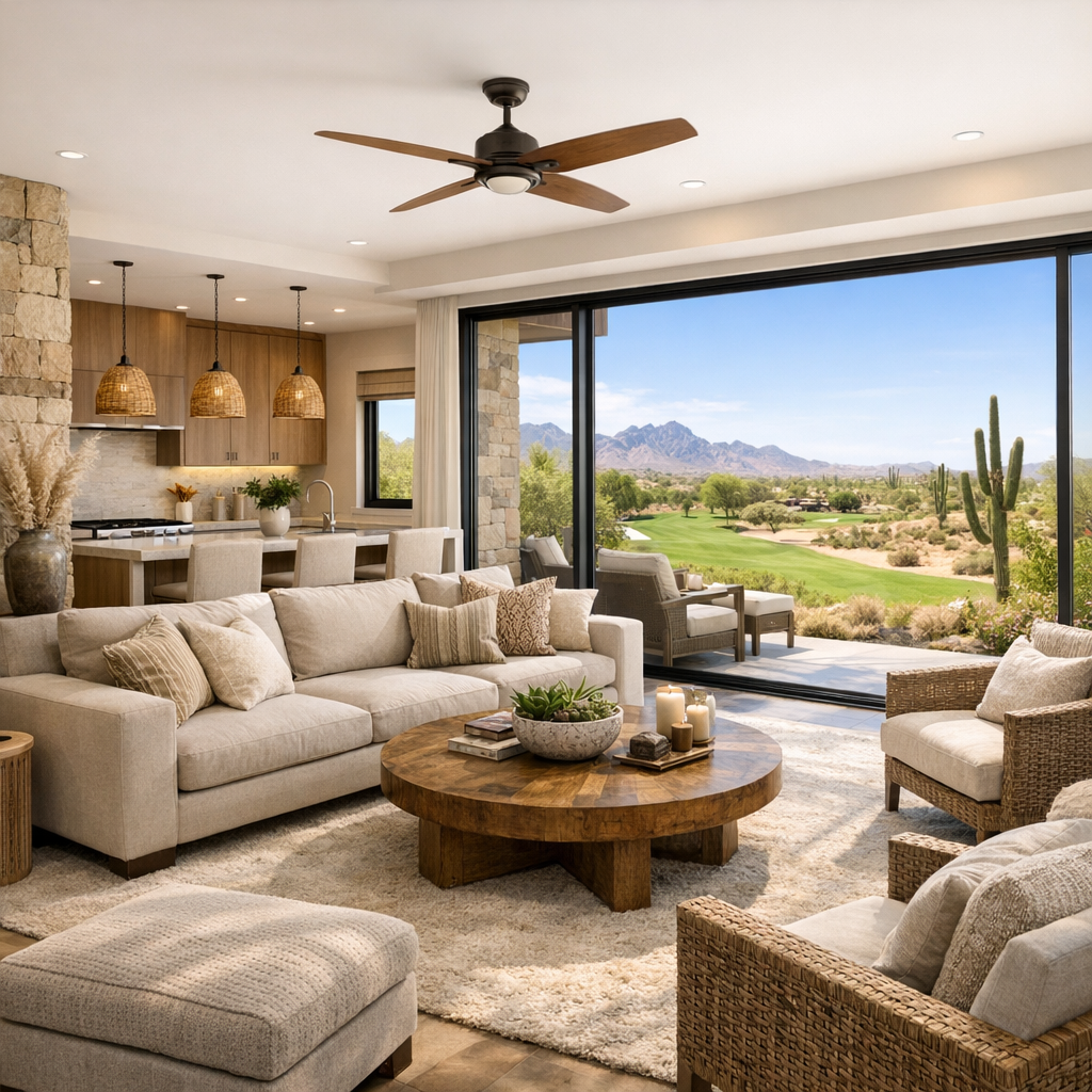 Photorealistic interior of a luxury Rio Verde rental: open-plan living room and kitchen with floor-to-ceiling windows show...