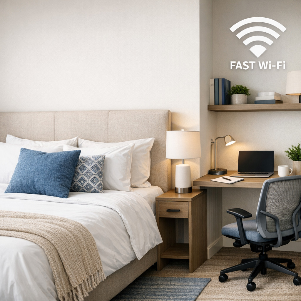 Photorealistic interior photo of a corporate short-term rental bedroom and dedicated work nook. Modern, clean aesthetic, b...