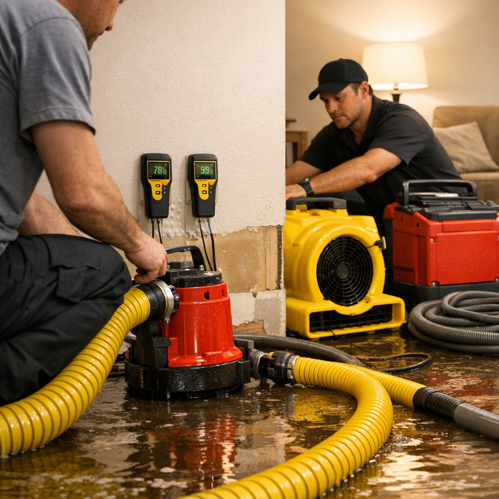 Close-up photorealistic shot of technicians setting up high-capacity pumps and air movers inside a flooded living room, wa...
