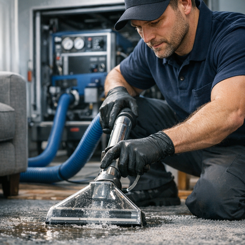 A close-up, photorealistic image of a restoration technician performing water extraction inside a living room, high-effici...