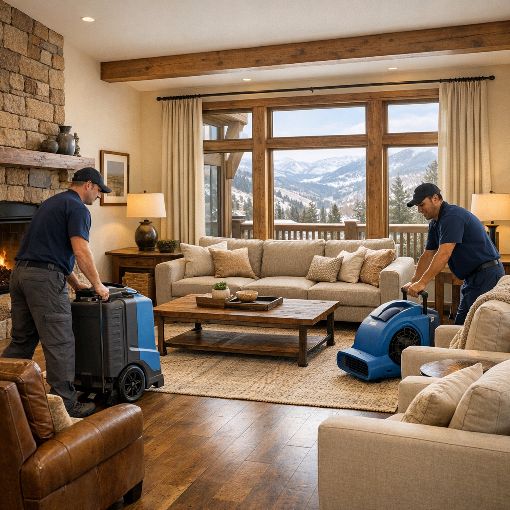 Wide interior photo showing a restored Snowmass Village living room after professional flood cleanup, natural light throug...