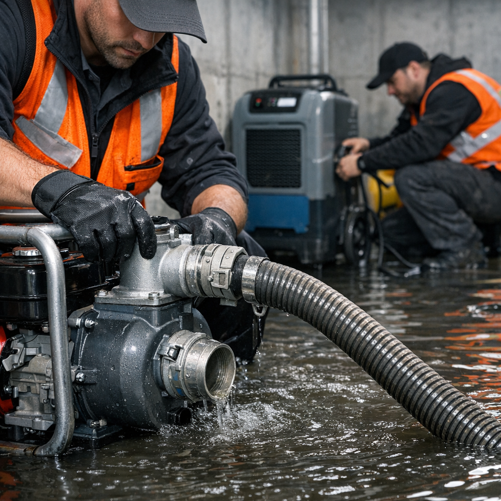 Close-up photorealistic image of restoration technicians setting up a high-capacity water extraction pump and industrial d...