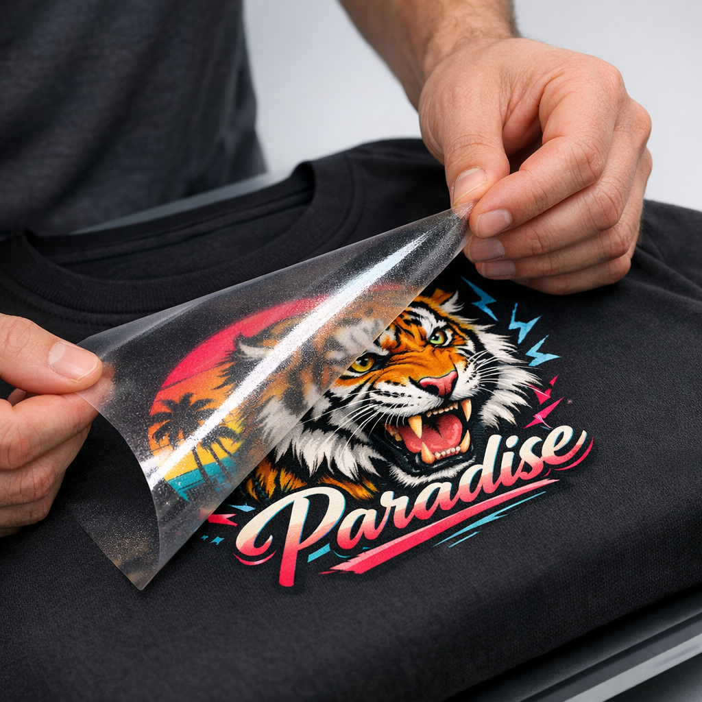 Close-up photorealistic image of a technician peeling a DTF film from a freshly pressed tee, showing bright color detail a...