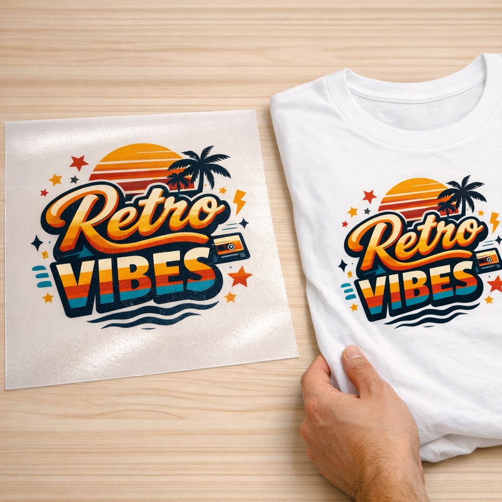 Close-up photorealistic shot of a heat-press-ready DTF transfer sheet on a clean tabletop, with a hand placing a printed t...