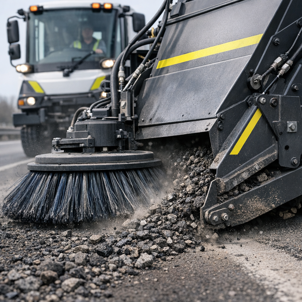 Photorealistic mid-shot showing a mechanical broom sweeper clearing coarse asphalt millings from a highway shoulder, photo...