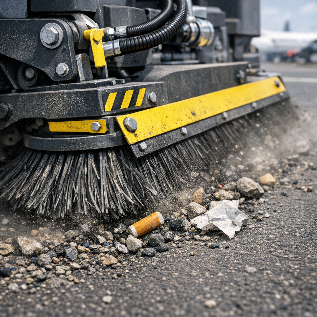 Close-up photorealistic shot of a heavy-duty mechanical broom assembly engaging debris on an airport service road. Modern ...