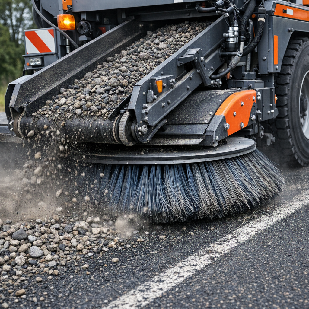 Photorealistic mid-shot of a heavy-duty mechanical broom sweeper clearing loose aggregate from a two-lane chip-sealed road...