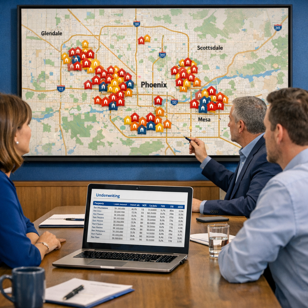 Detailed in-content photorealistic image of a team meeting in a modern conference room, a large screen shows a map of Phoe...