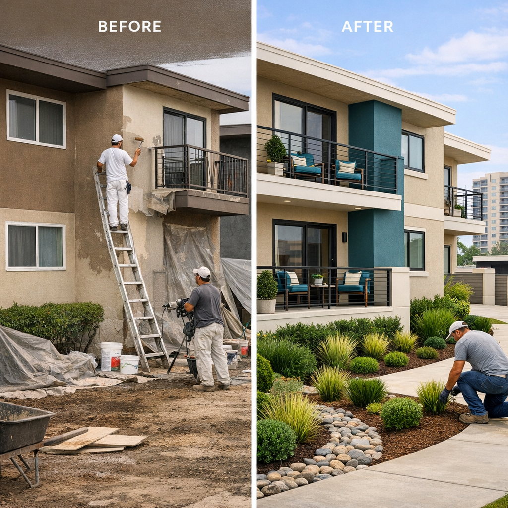 Photorealistic mid-shot of a value-add multifamily property renovation in progress, crew repainting exterior, new landscap...