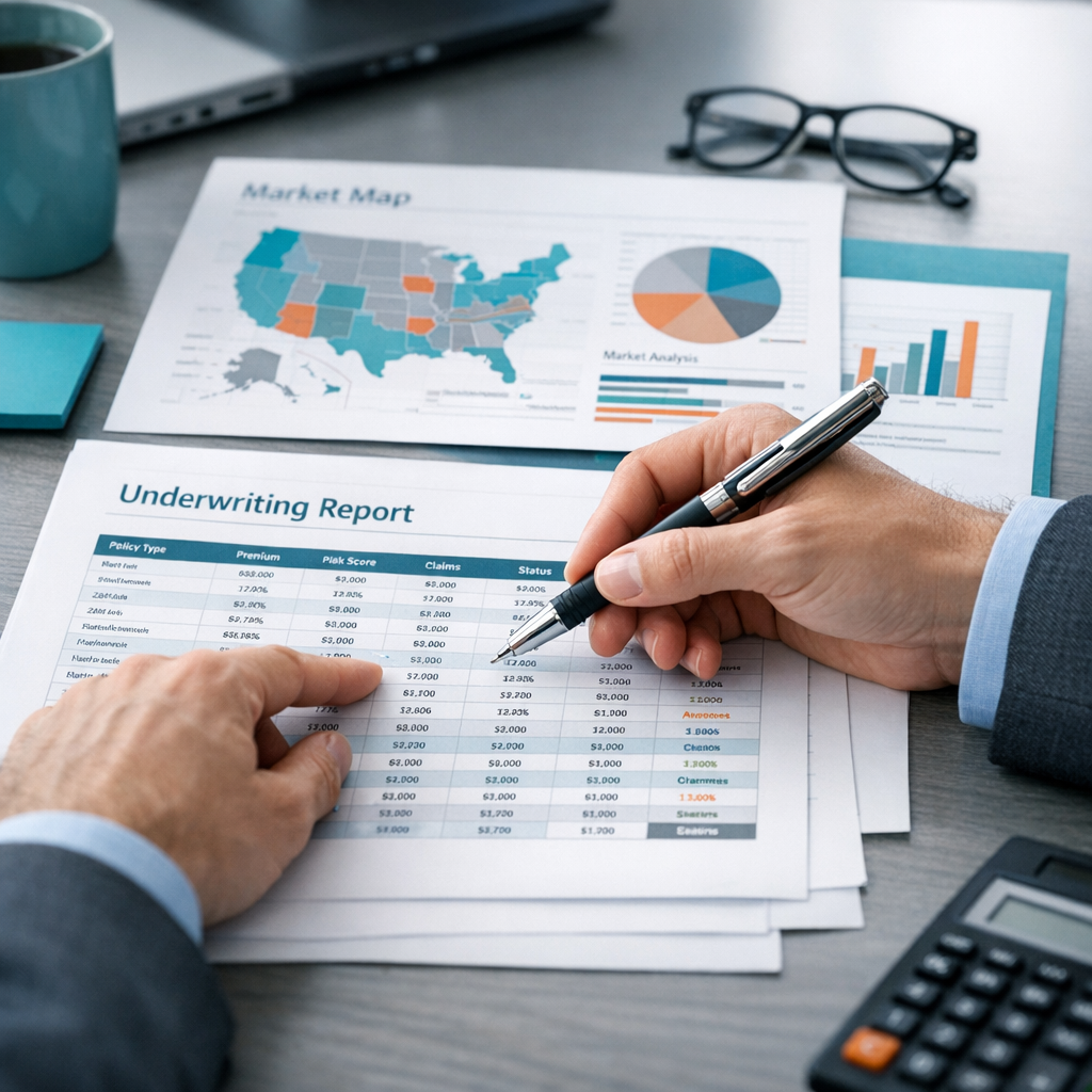 Close-up photorealistic scene of an analyst reviewing underwriting spreadsheets and market maps on a desk, modern office s...