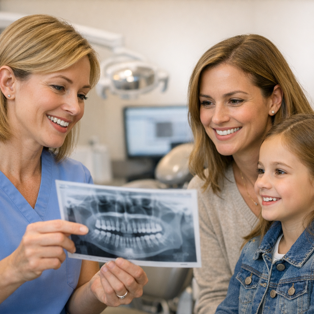 Photorealistic in-office scene of a female dentist gently explaining X-rays to a smiling mother and child in a modern oper...