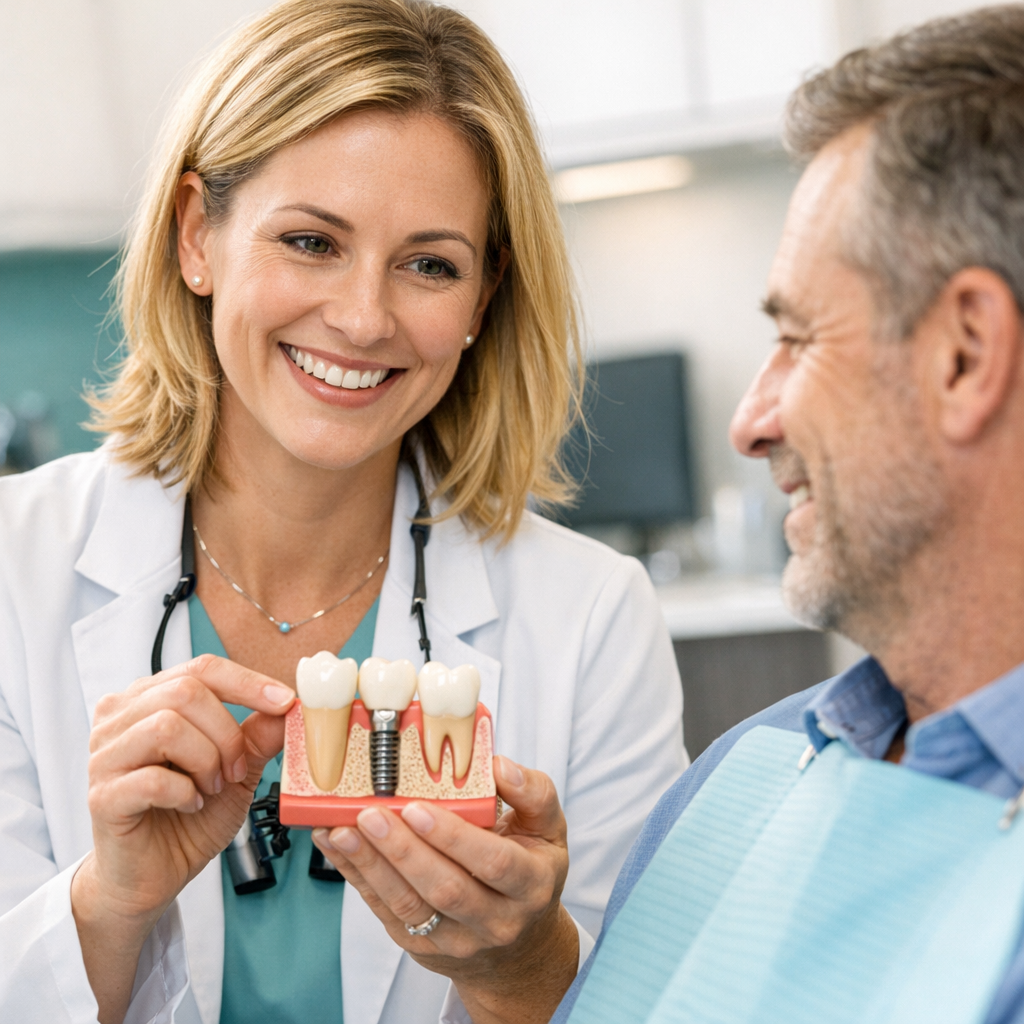 A photorealistic mid-shot of a smiling female dentist (Caucasian) showing a patient a dental implant model in a modern Sco...