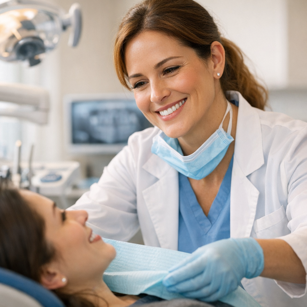 Close-up photorealistic image of a smiling female dentist (American) preparing a calm patient for a same-day emergency exa...
