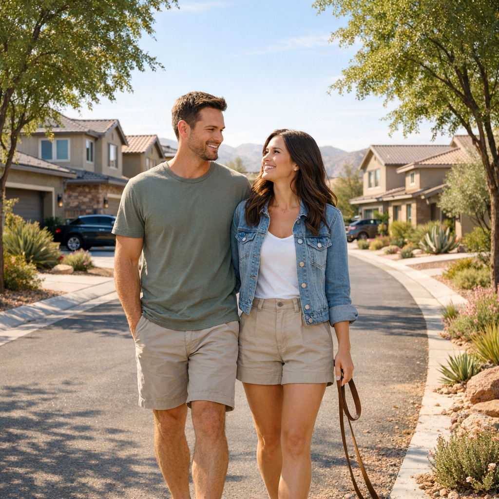 Mid-article photorealistic scene of a young couple walking a tree-lined suburban street, mid-morning light, modern single-...