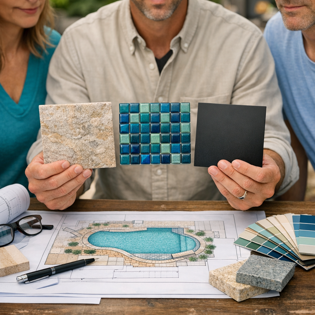 A mid-length photorealistic shot of a designer consulting pool plans with homeowners at a job site, close-up of material s...