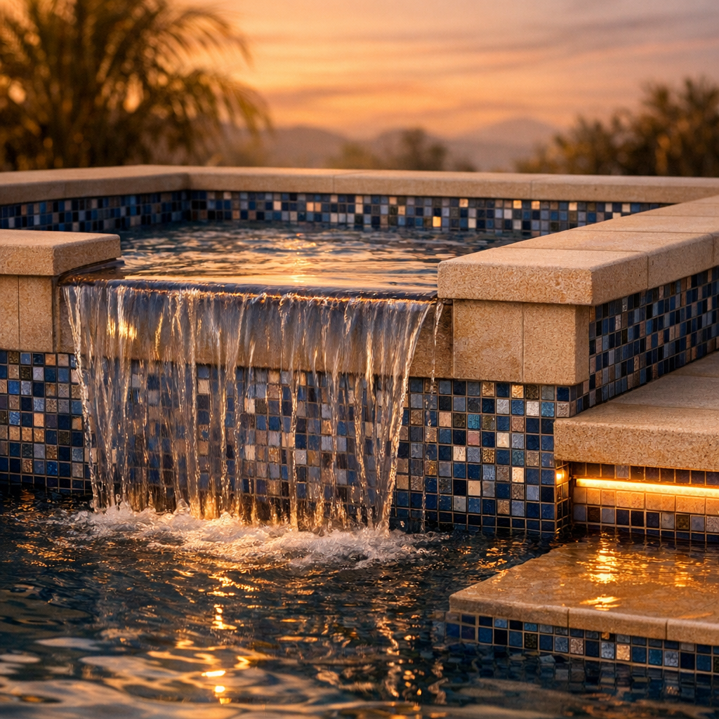 Close-up photorealistic shot of a modern spool corner showing a raised spa spillway, custom mosaic tile, integrated bench ...