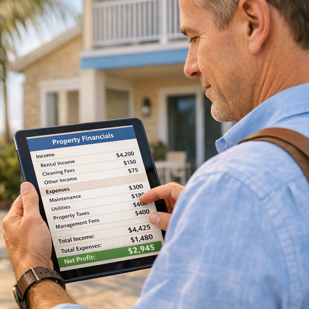 A photorealistic mid-shot of a property manager reviewing financials on a tablet while standing in front of a Riviera Beac...