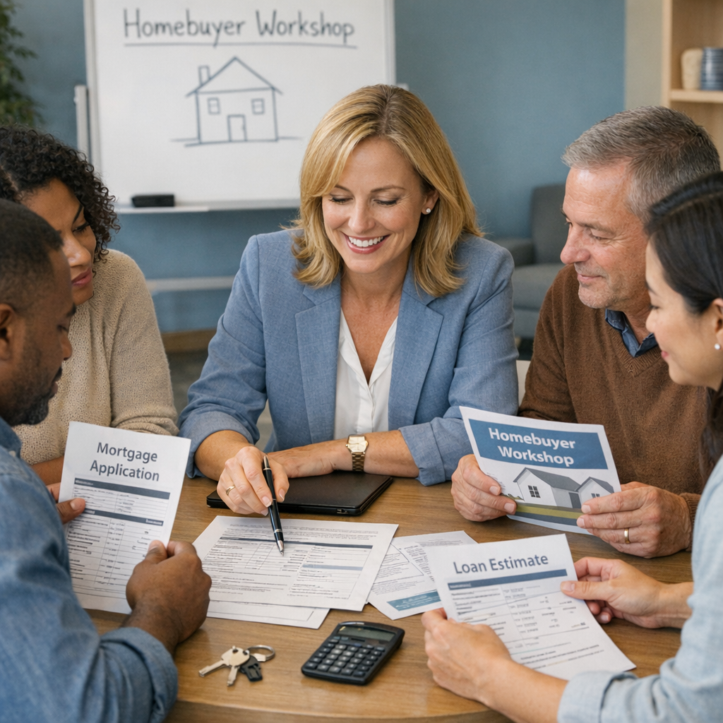 Photorealistic mid-page photo of a small-group homebuyer workshop in a modern community center, diverse participants revie...