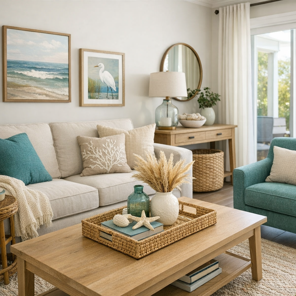 A modern, photorealistic interior shot of a well-staged single-family rental living room with neutral furnishings, natural...