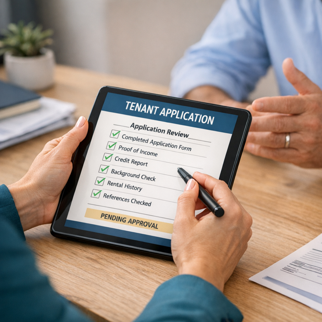 Photorealistic mid-article image of a property manager reviewing a tenant application on a tablet while talking with a lan...