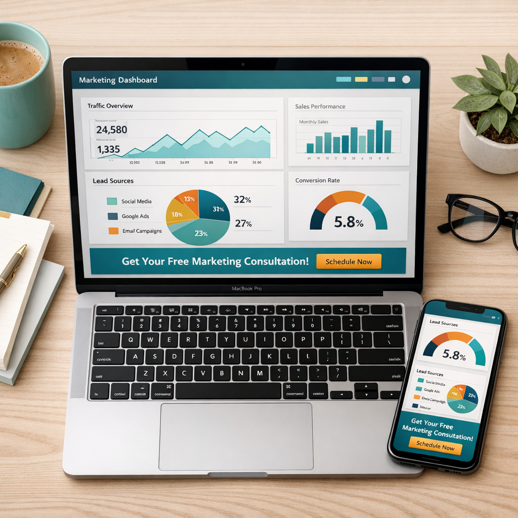 In-content photo of a marketing dashboard on a laptop and phone, close-up overhead view, photorealistic, clean modern offi...